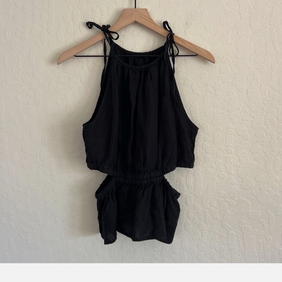 J. Crew Women’s Cutout Linen Tank Top Black Halter Peplum Tie Shoulder - Picture 3 of 7